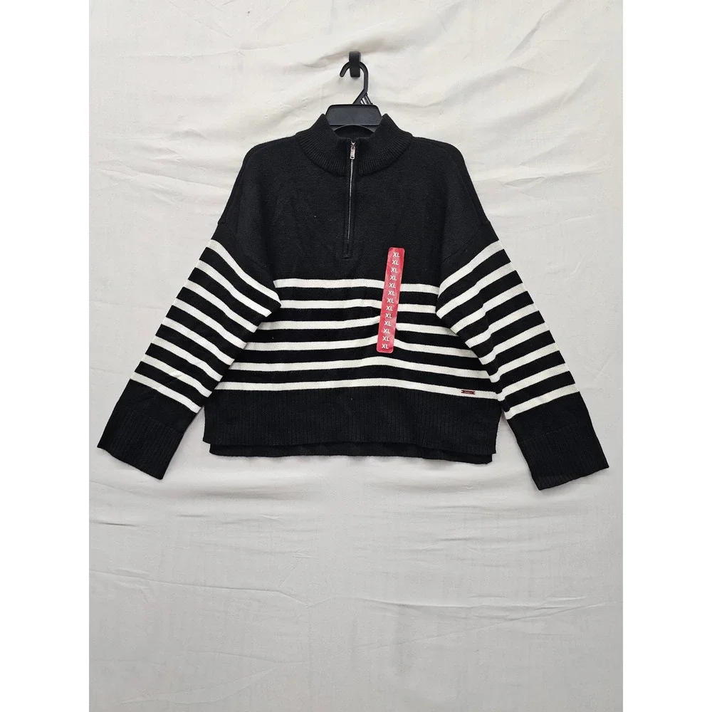 DKNY Womens Quarter Zip Pullover Sweater Black Rayon Blend Casual Size XL